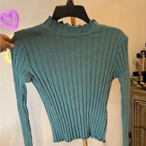 Zara Blue Green Ribbed Fitted Blouse with Mandarin Collar